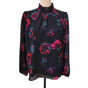 J. Crew Size S Black Floral Long Sleeve Smocked Mock Neck Blouse, Exc. Used Cond